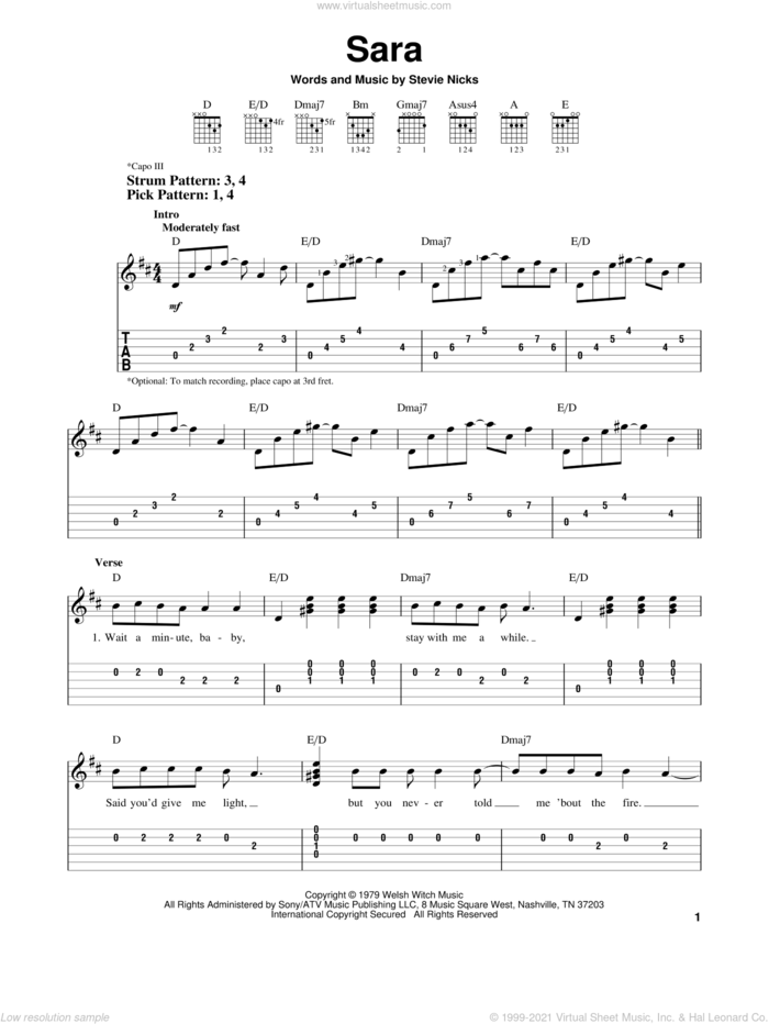 Sara sheet music for guitar solo (easy tablature) by Fleetwood Mac and Stevie Nicks, easy guitar (easy tablature)