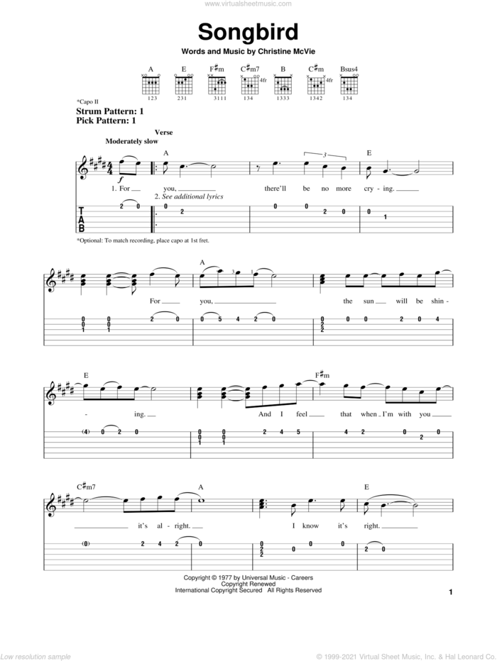 Songbird sheet music for guitar solo (easy tablature) by Fleetwood Mac and Christine McVie, easy guitar (easy tablature)