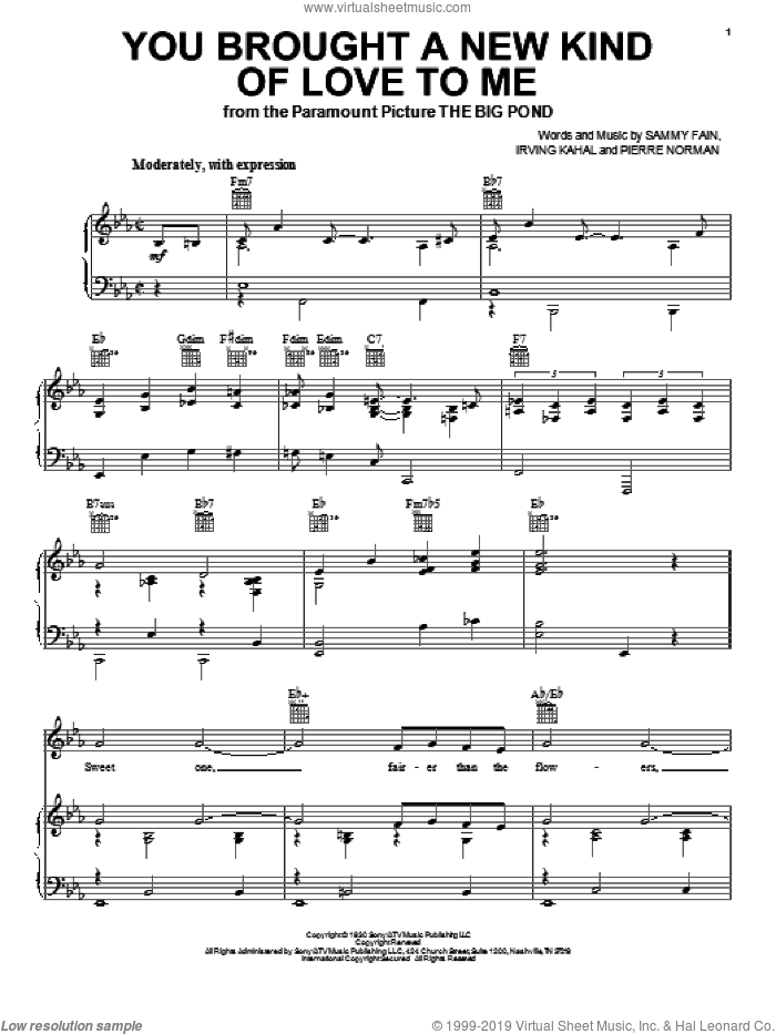 You Brought A New Kind Of Love To Me sheet music for voice, piano or guitar by Frank Sinatra, Irving Kahal, Pierre Norman and Sammy Fain, intermediate skill level
