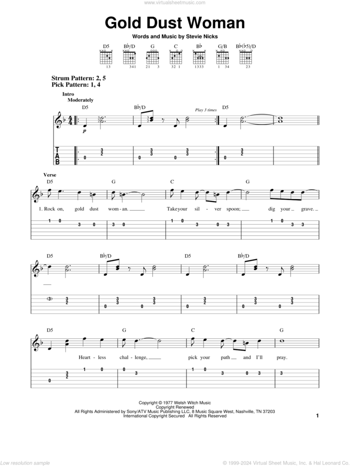 Gold Dust Woman sheet music for guitar solo (easy tablature) by Fleetwood Mac and Stevie Nicks, easy guitar (easy tablature)