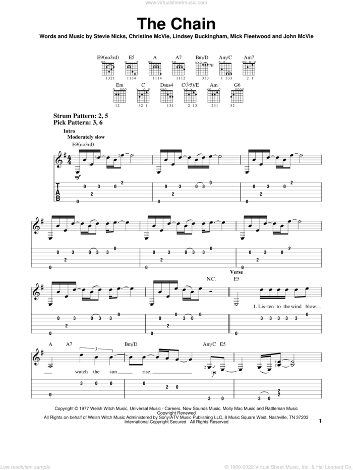 The Chain sheet music for guitar solo (easy tablature) by Fleetwood Mac, Christine McVie, John McVie, Lindsey Buckingham, Mick Fleetwood and Stevie Nicks, easy guitar (easy tablature)