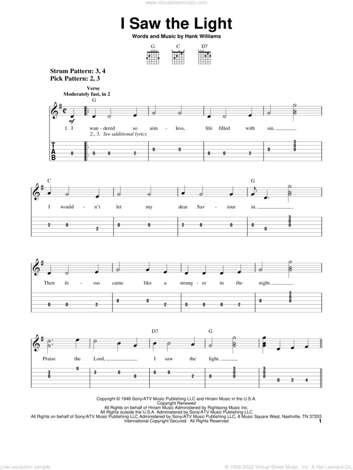 I Saw The Light sheet music for guitar solo (easy tablature) by Hank Williams, easy guitar (easy tablature)