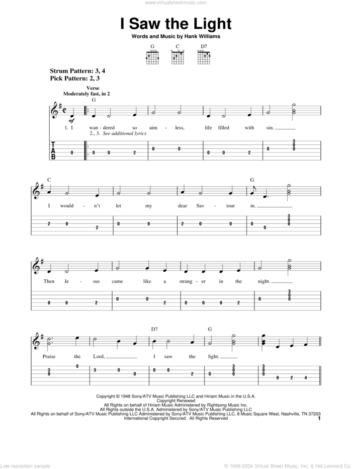 I Saw The Light sheet music for guitar solo (easy tablature) by Hank Williams, easy guitar (easy tablature)