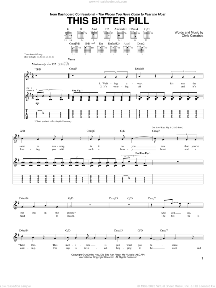 This Bitter Pill sheet music for guitar (tablature) by Dashboard Confessional and Chris Carrabba, intermediate skill level