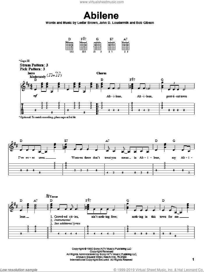 Abilene sheet music for guitar solo (easy tablature) by George Hamilton IV, Bob Gibson, John D. Loudermilk and Lester Brown, easy guitar (easy tablature)