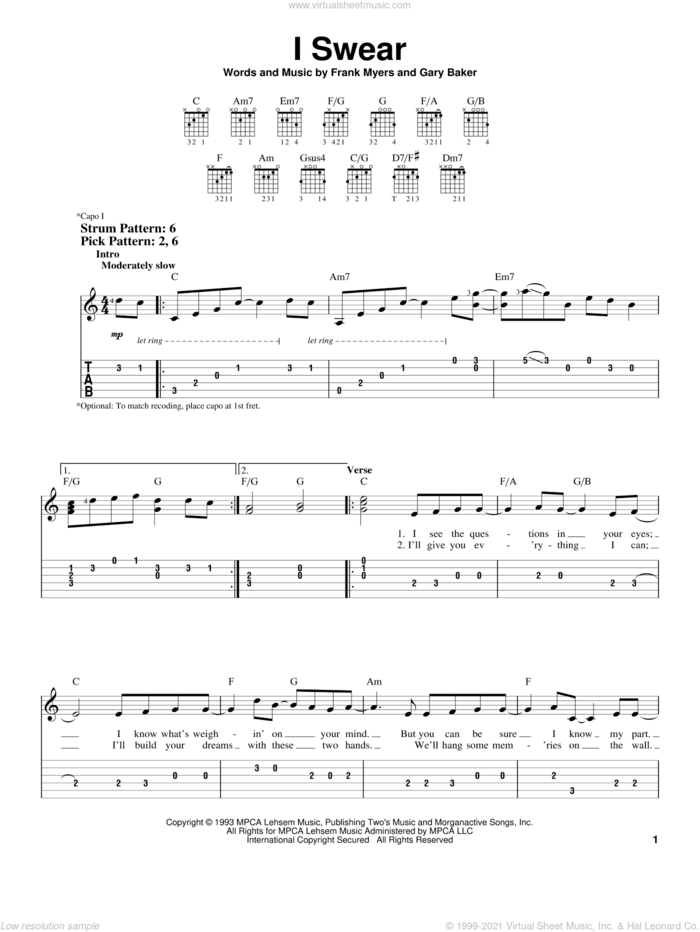 I Swear sheet music for guitar solo (easy tablature) by John Michael Montgomery, All-4-One, David Foster, Frank Myers and Gary Baker, wedding score, easy guitar (easy tablature)