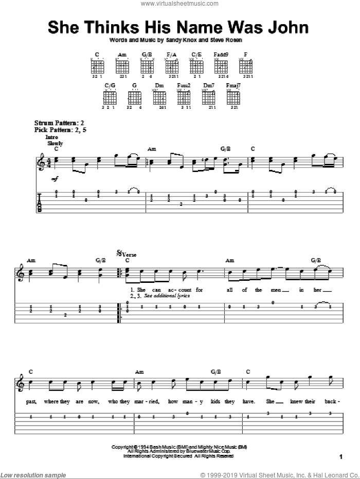 She Thinks His Name Was John sheet music for guitar solo (easy tablature) by Reba McEntire, Sandy Knox and Steve Rosen, easy guitar (easy tablature)