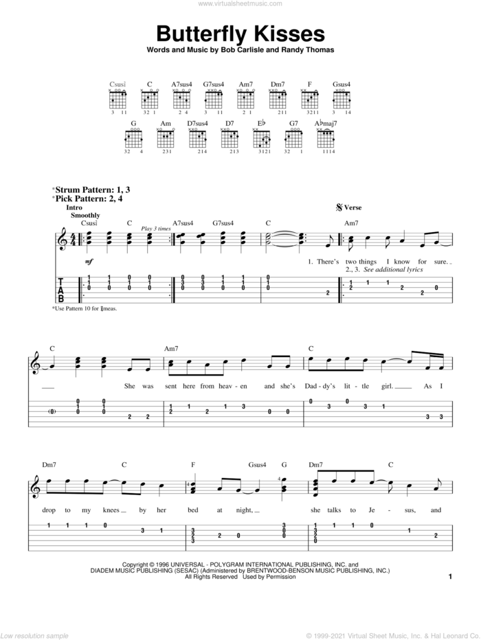 Butterfly Kisses sheet music for guitar solo (easy tablature) by Bob Carlisle and Randy Thomas, wedding score, easy guitar (easy tablature)