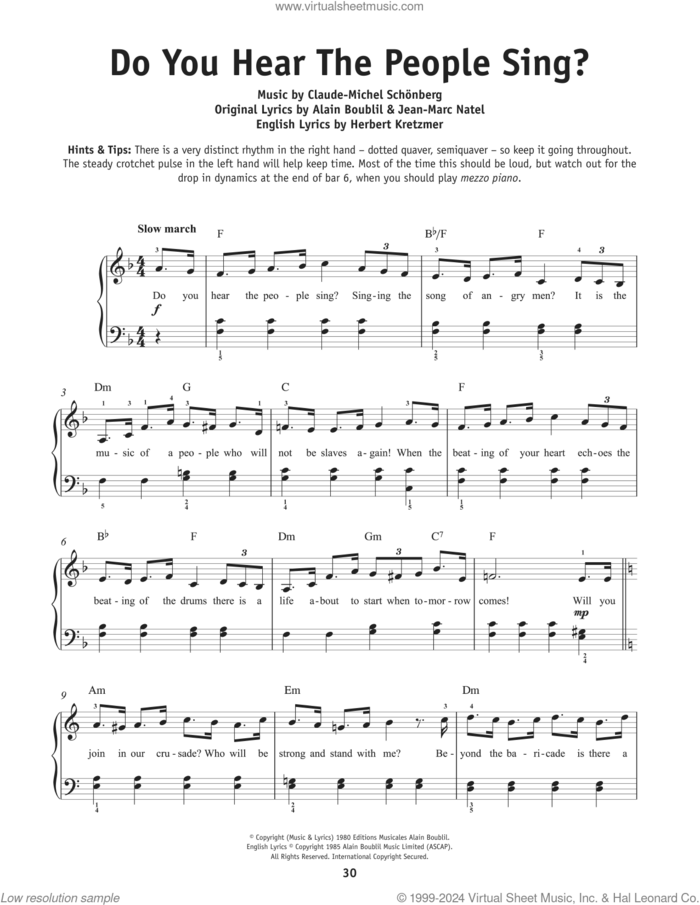 Do You Hear The People Sing? (from Les Miserables) sheet music for piano solo by Boublil and Schonberg, Alain Boublil, Claude-Michel Schonberg, Herbert Kretzmer and Jean-Marc Natel, beginner skill level