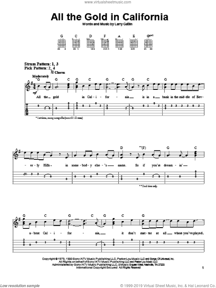 All The Gold In California sheet music for guitar solo (easy tablature) by The Gatlin Brothers and Larry Gatlin, easy guitar (easy tablature)
