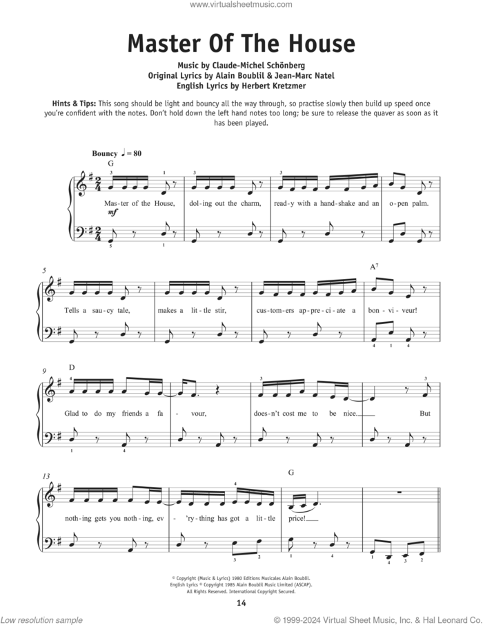 Master Of The House (from Les Miserables), (beginner) sheet music for piano solo by Boublil and Schonberg, Alain Boublil, Claude-Michel Schonberg, Herbert Kretzmer and Jean-Marc Natel, beginner skill level