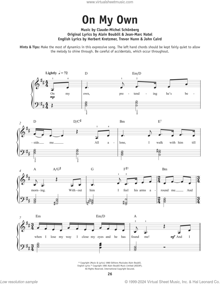 On My Own (from Les Miserables) sheet music for piano solo by Boublil and Schonberg, Alain Boublil, Claude-Michel Schonberg, Herbert Kretzmer, Jean-Marc Natel, John Caird and Trevor Nunn, beginner skill level