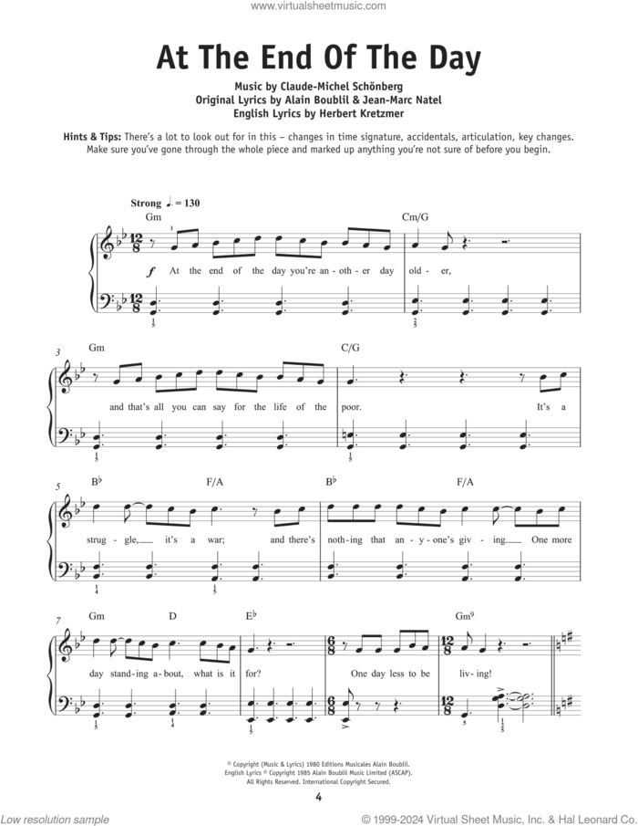 At The End Of The Day (from Les Miserables) sheet music for piano solo by Boublil and Schonberg, Alain Boublil, Claude-Michel Schonberg, Herbert Kretzmer and Jean-Marc Natel, beginner skill level