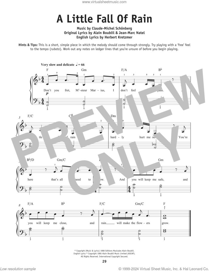 A Little Fall Of Rain (from Les Miserables) sheet music for piano solo by Boublil and Schonberg, Alain Boublil, Claude-Michel Schonberg, Herbert Kretzmer and Jean-Marc Natel, beginner skill level