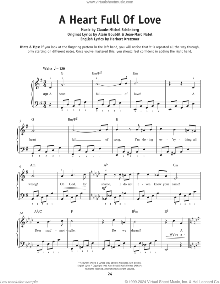 A Heart Full Of Love (from Les Miserables), (beginner) sheet music for piano solo by Boublil and Schonberg, Alain Boublil, Claude-Michel Schonberg, Herbert Kretzmer and Jean-Marc Natel, beginner skill level