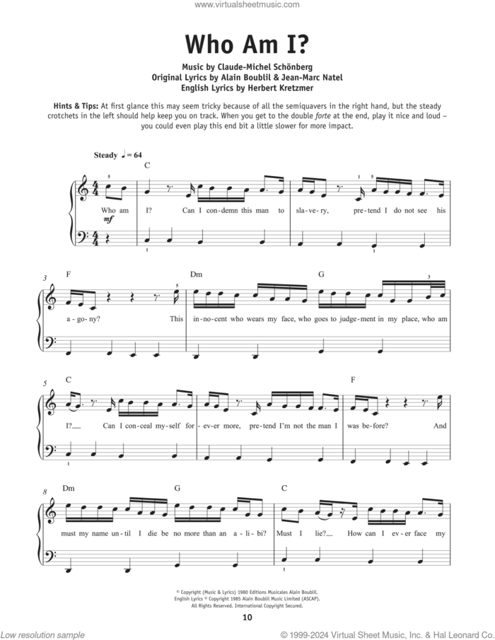 Who Am I? (from Les Miserables), (beginner) sheet music for piano solo by Boublil and Schonberg, Alain Boublil, Claude-Michel Schonberg, Herbert Kretzmer and Jean-Marc Natel, beginner skill level