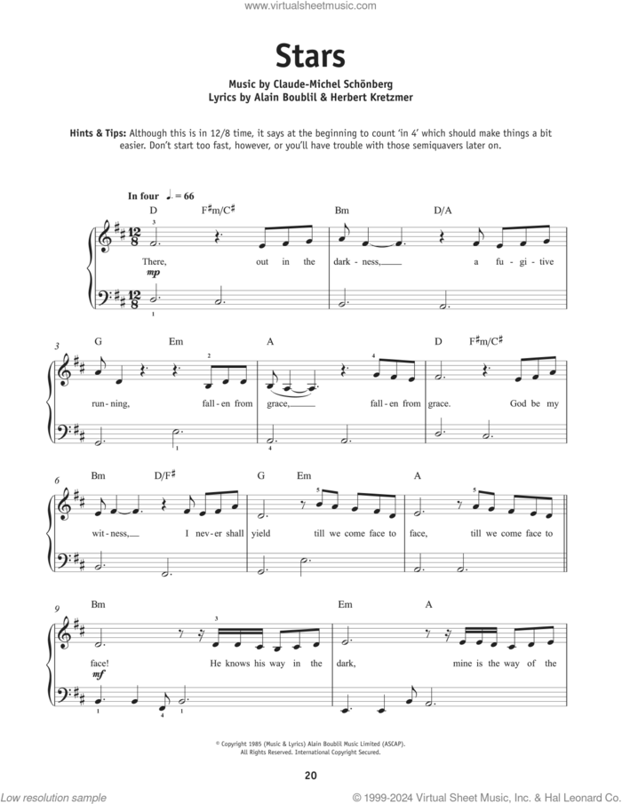 Stars (from Les Miserables) sheet music for piano solo by Boublil and Schonberg, Alain Boublil, Claude-Michel Schonberg and Herbert Kretzmer, beginner skill level