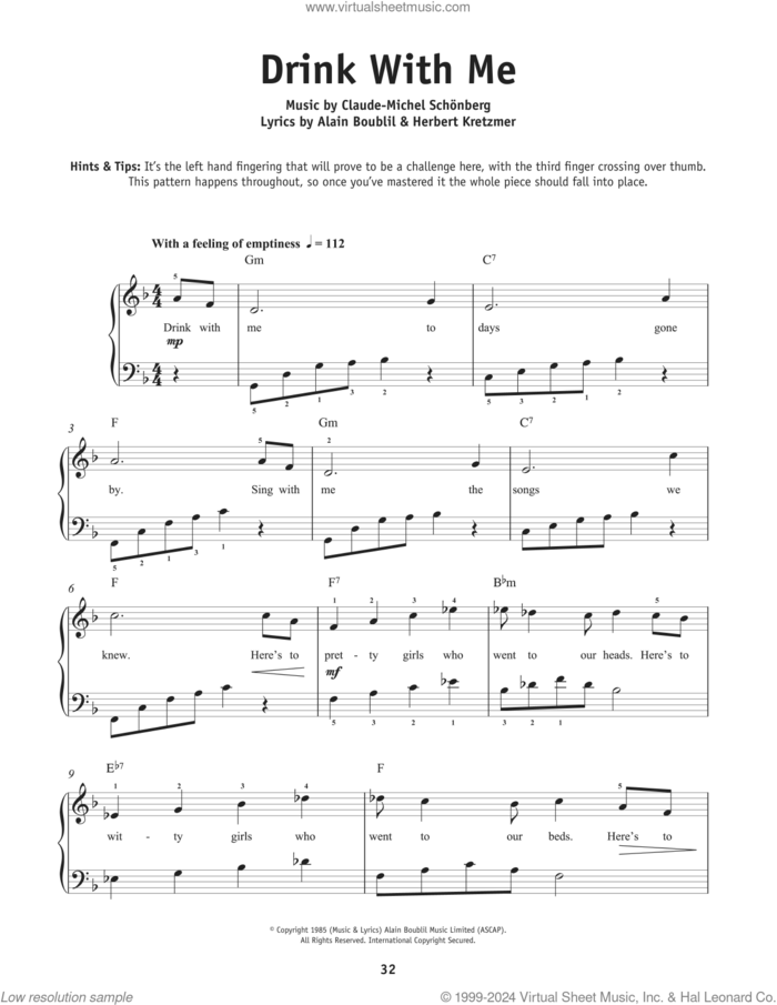 Drink With Me (To Days Gone By) (from Les Miserables) sheet music for piano solo by Boublil and Schonberg, Alain Boublil, Claude-Michel Schonberg and Herbert Kretzmer, beginner skill level