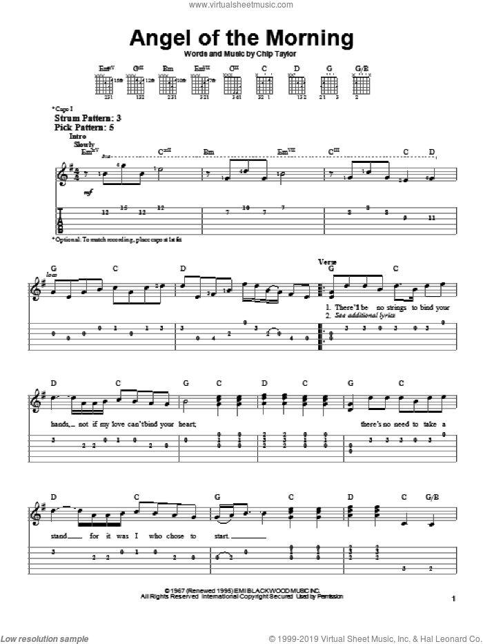 Angel Of The Morning sheet music for guitar solo (easy tablature) by Juice Newton, Merrilee Rush, Merrilee Rush & The Turnabouts and Chip Taylor, easy guitar (easy tablature)