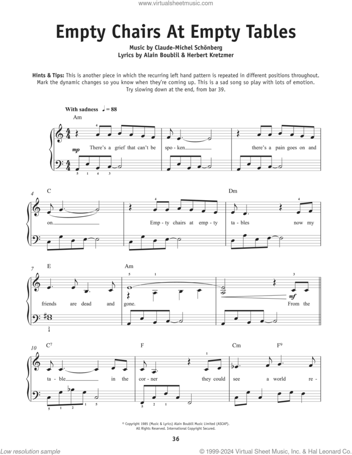 Empty Chairs At Empty Tables (from Les Miserables) sheet music for piano solo by Boublil and Schonberg, Alain Boublil, Claude-Michel Schonberg and Herbert Kretzmer, beginner skill level