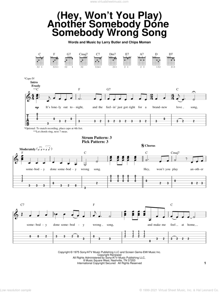 (Hey, Won't You Play) Another Somebody Done Somebody Wrong Song sheet music for guitar solo (easy tablature) by B.J. Thomas, Chips Moman and Larry Butler, easy guitar (easy tablature)