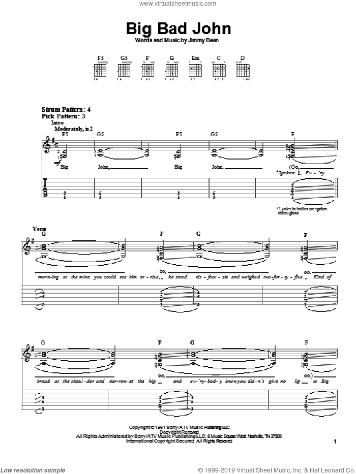 Big Bad John sheet music for guitar solo (easy tablature) by Jimmy Dean, easy guitar (easy tablature)