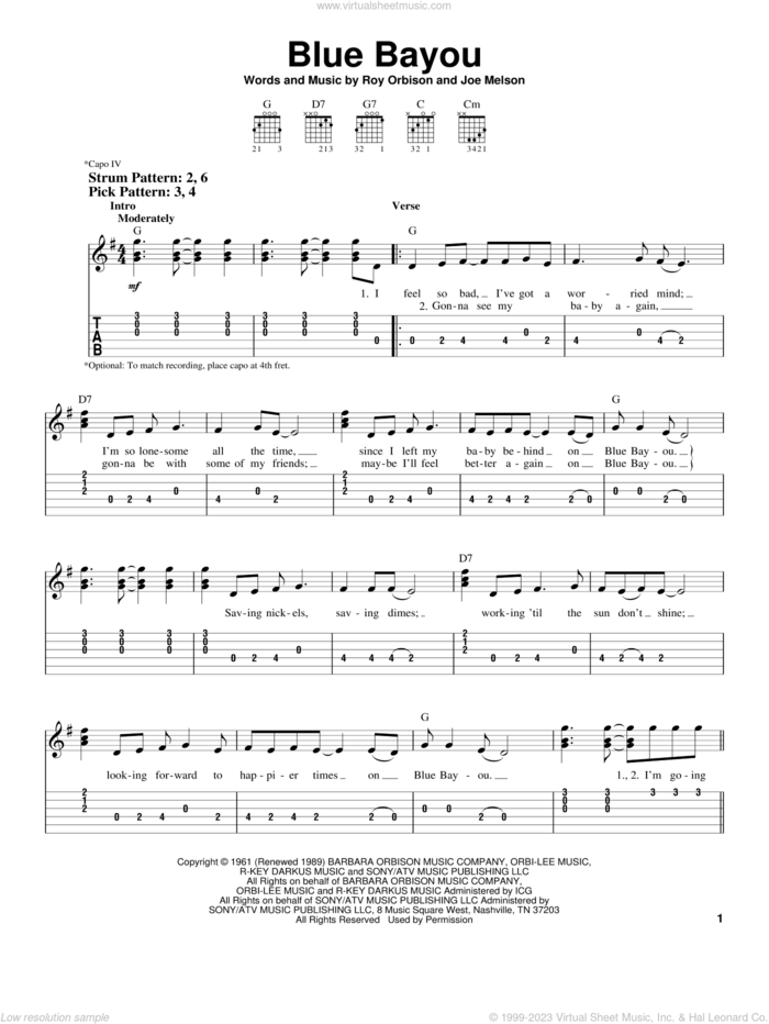 Blue Bayou sheet music for guitar solo (easy tablature) by Linda Ronstadt, Joe Melson and Roy Orbison, easy guitar (easy tablature)