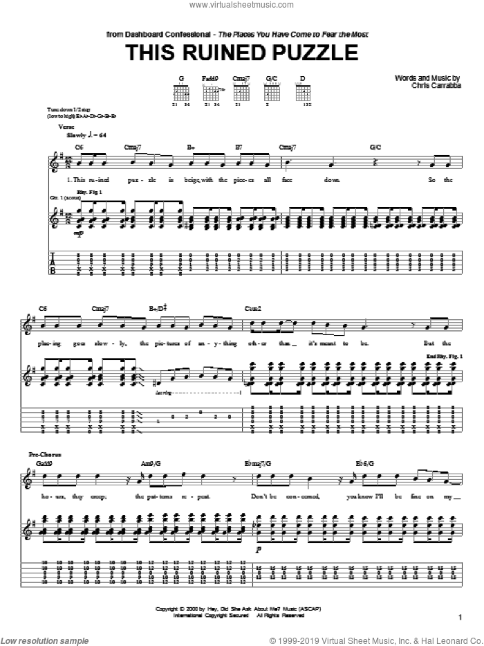 This Ruined Puzzle sheet music for guitar (tablature) by Dashboard Confessional and Chris Carrabba, intermediate skill level