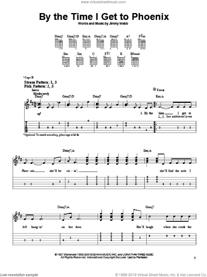 By The Time I Get To Phoenix sheet music for guitar solo (easy tablature) by Glen Campbell and Jimmy Webb, easy guitar (easy tablature)