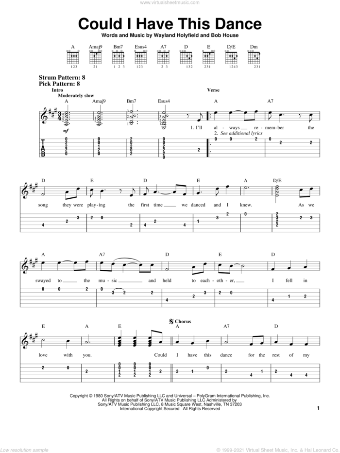 Could I Have This Dance sheet music for guitar solo (easy tablature) by Anne Murray, Bob House and Wayland Holyfield, wedding score, easy guitar (easy tablature)
