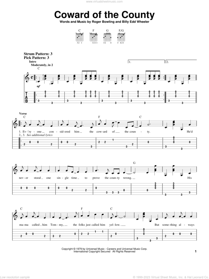 Coward Of The County sheet music for guitar solo (easy tablature) by Kenny Rogers, Billy Edd Wheeler and Roger Bowling, easy guitar (easy tablature)