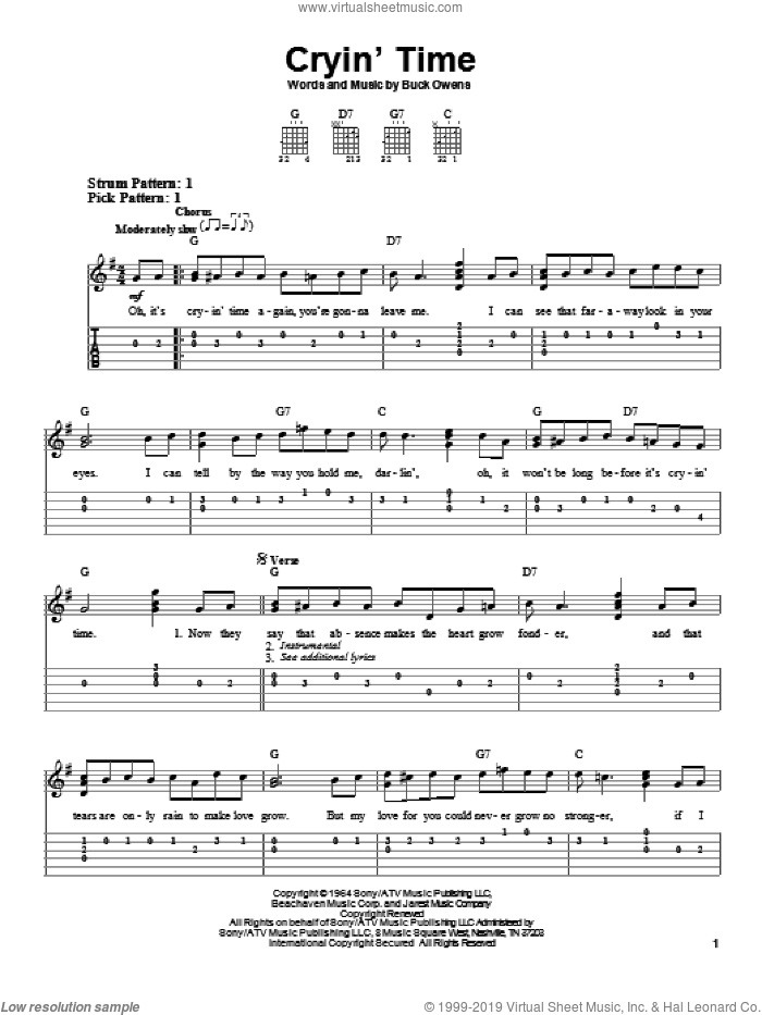 Cryin' Time sheet music for guitar solo (easy tablature) by Buck Owens, easy guitar (easy tablature)