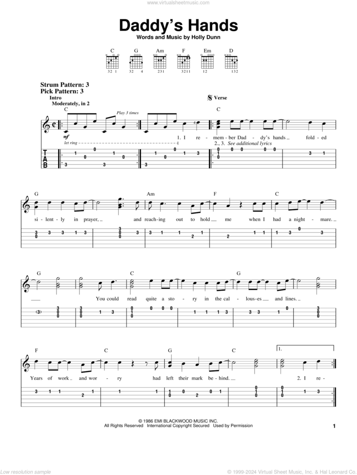 Daddy's Hands sheet music for guitar solo (easy tablature) by Holly Dunn, easy guitar (easy tablature)