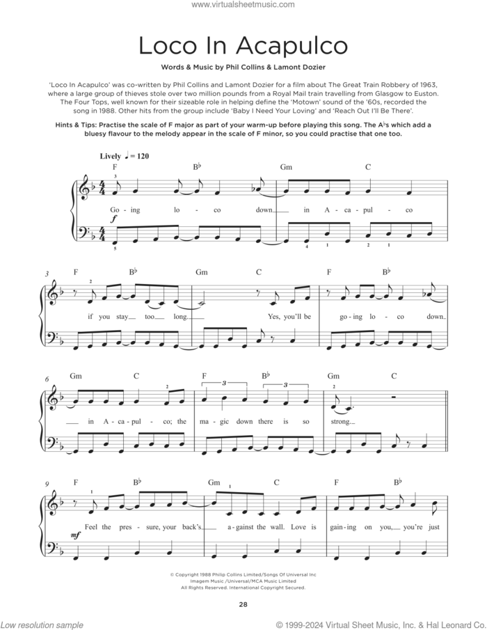 Loco In Acapulco sheet music for piano solo by Four Tops, Lamont Dozier and Phil Collins, beginner skill level