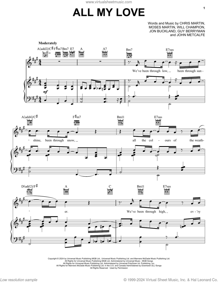 All My Love sheet music for voice, piano or guitar by Coldplay, Chris Martin, Guy Berryman, John Metcalfe, Jon Buckland, Moses Martin and Will Champion, intermediate skill level