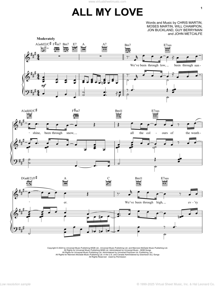 All My Love sheet music for voice, piano or guitar by Coldplay, Chris Martin, Guy Berryman, John Metcalfe, Jon Buckland, Moses Martin and Will Champion, intermediate skill level