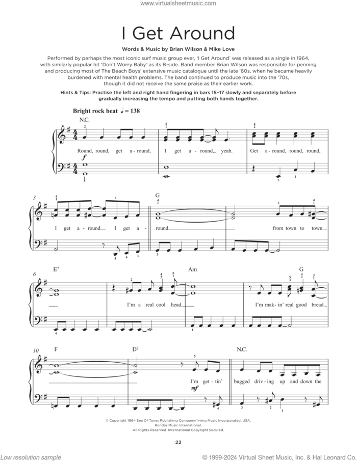 I Get Around sheet music for piano solo by The Beach Boys, Brian Wilson and Mike Love, beginner skill level