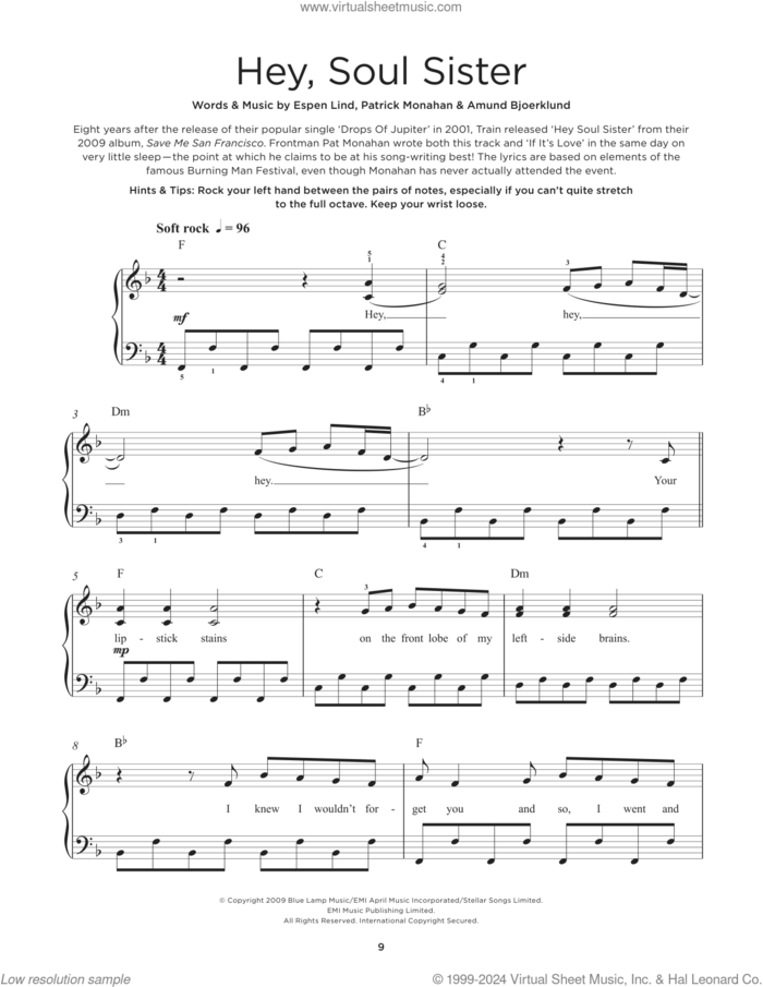 Hey, Soul Sister sheet music for piano solo by Train, Amund Bjorklund, Espen Lind and Pat Monahan, beginner skill level