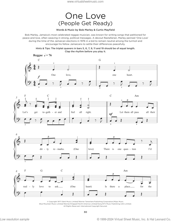 One Love (People Get Ready) sheet music for piano solo by Bob Marley and Curtis Mayfield, beginner skill level