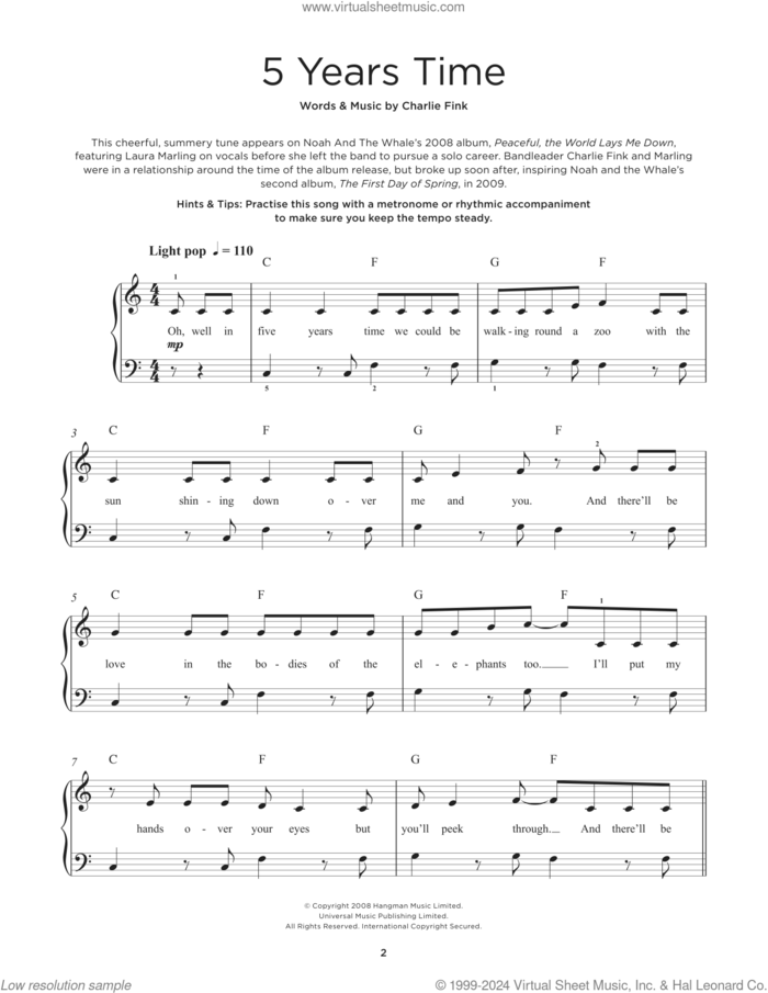 5 Years Time sheet music for piano solo by Noah And The Whale and Charlie Fink, beginner skill level