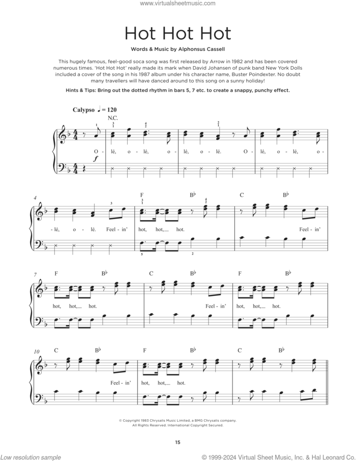 Hot Hot Hot sheet music for piano solo by Buster Poindexter and Alphonsus Cassell, beginner skill level