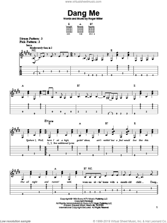 Dang Me sheet music for guitar solo (easy tablature) by Roger Miller, easy guitar (easy tablature)