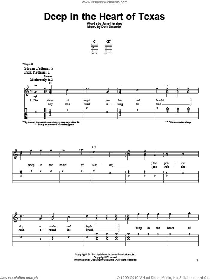 Deep In The Heart Of Texas sheet music for guitar solo (easy tablature) by Alvino Rey & His Orchestra, Don Swander and June Hershey, easy guitar (easy tablature)