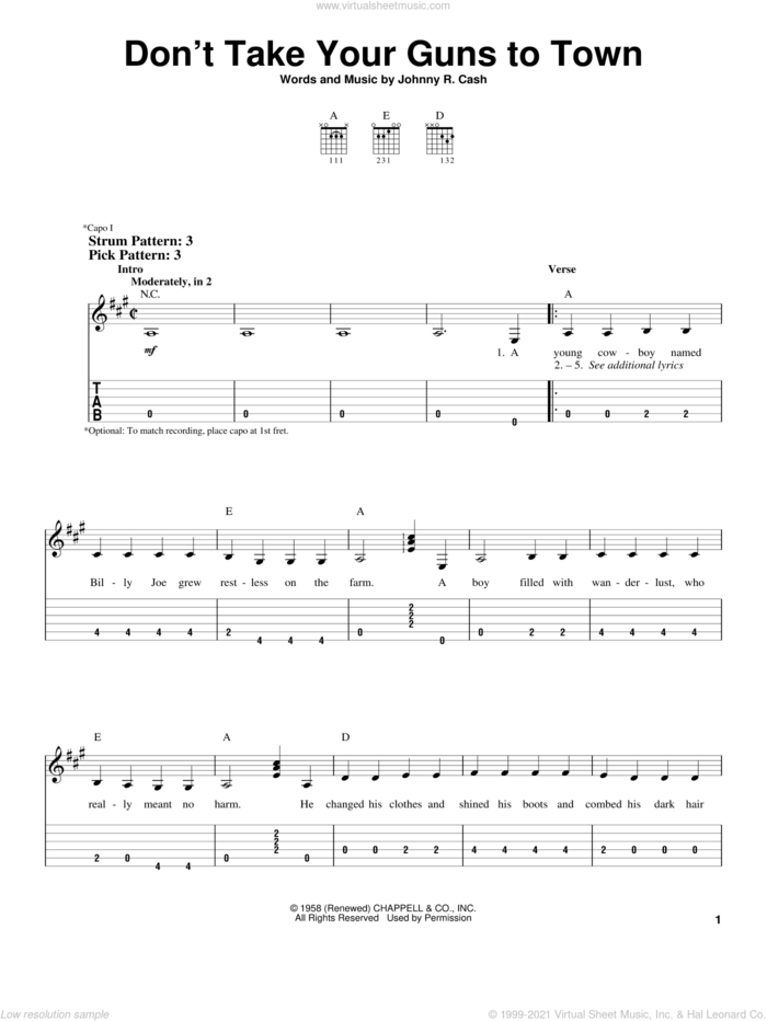 Don't Take Your Guns To Town sheet music for guitar solo (easy tablature) by Johnny Cash, easy guitar (easy tablature)