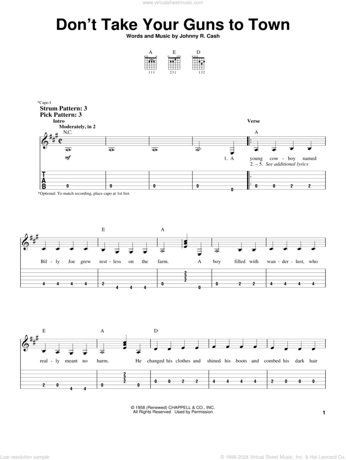 Don't Take Your Guns To Town sheet music for guitar solo (easy tablature) by Johnny Cash, easy guitar (easy tablature)