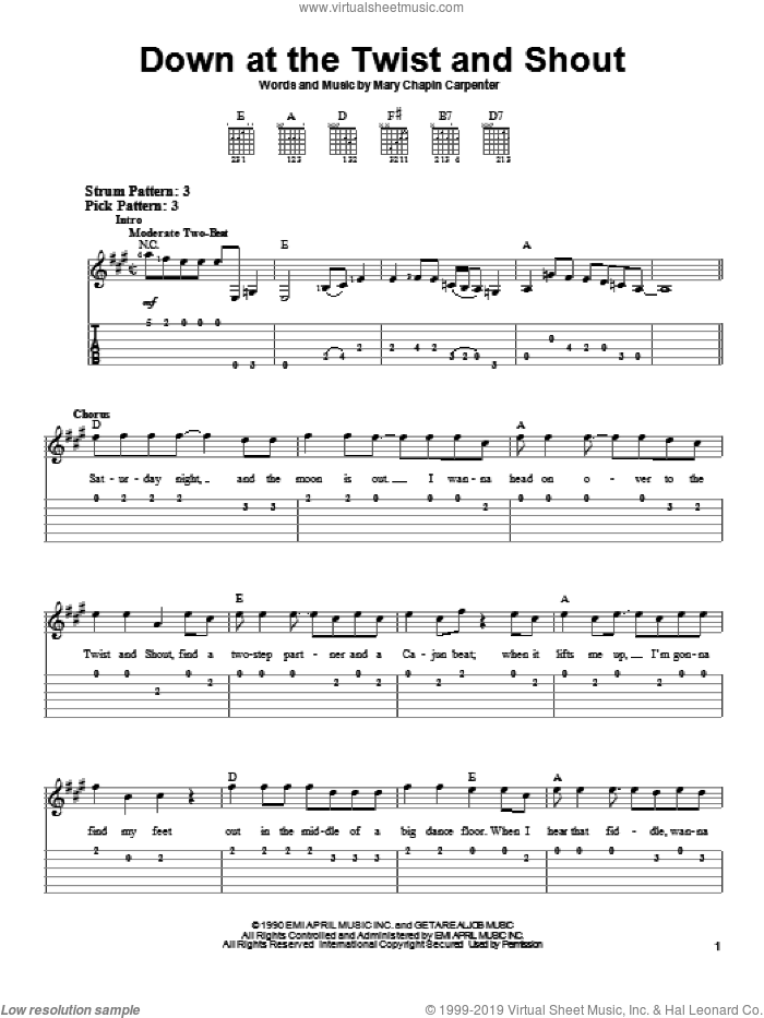 Down At The Twist And Shout sheet music for guitar solo (easy tablature) by Mary Chapin Carpenter, easy guitar (easy tablature)