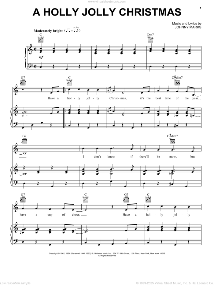 A Holly Jolly Christmas sheet music for voice, piano or guitar by Johnny Marks, intermediate skill level