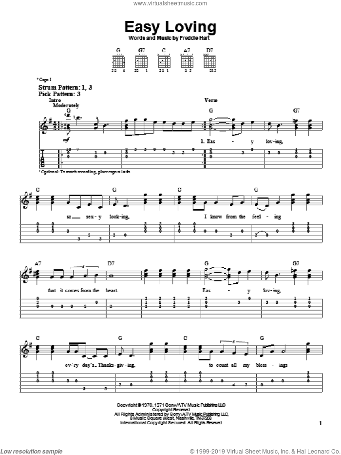 Easy Loving sheet music for guitar solo (easy tablature) by Freddie Hart, easy guitar (easy tablature)