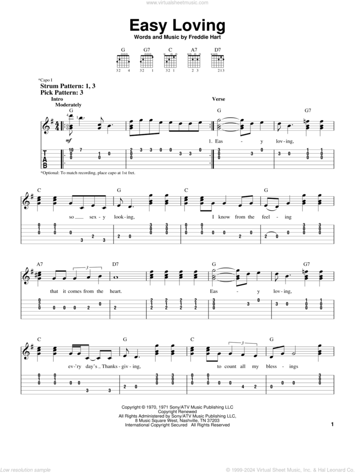 Easy Loving sheet music for guitar solo (easy tablature) by Freddie Hart, easy guitar (easy tablature)