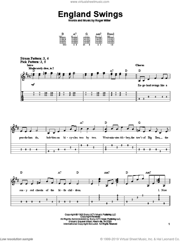 England Swings sheet music for guitar solo (easy tablature) by Roger Miller, easy guitar (easy tablature)